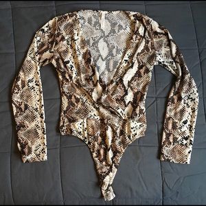 Snake Print Long Sleeved Thong Bodysuit